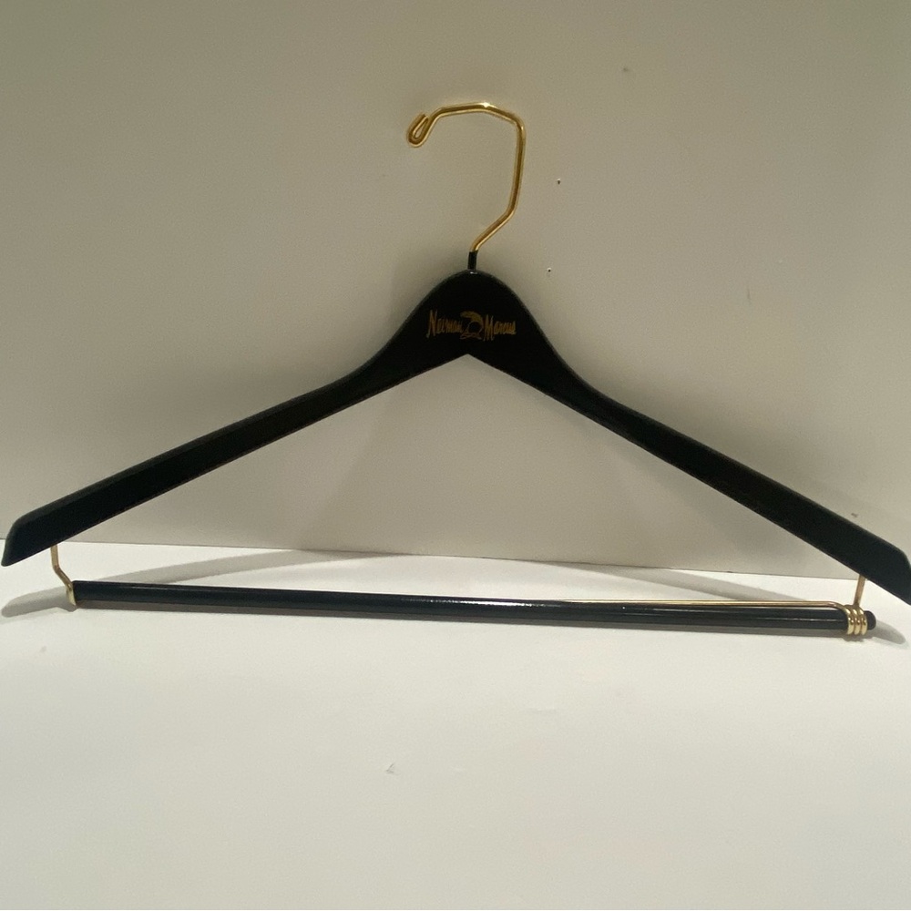 Vintage Neiman Marcus Wooden Suit Hanger Black Gold Hook Designer Luxury Closet